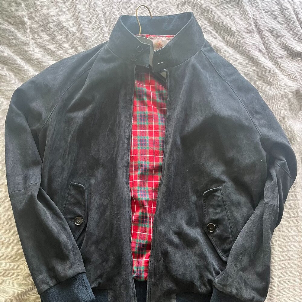 Baracuta G9 Navy Suede Jacket with Red Tartan Lining